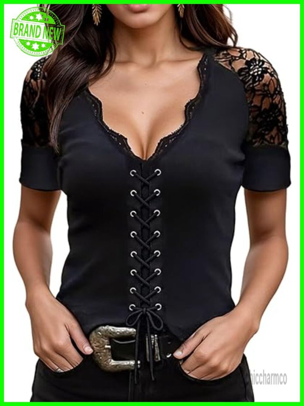 V-Neck Lace Up Blouse Short Sleeve Scallop Contrast Lace Dressy Casual Summer